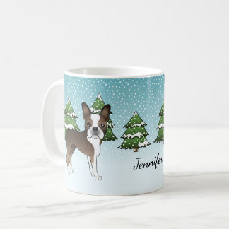 Brindle Boston Terrier In A Winter Forest &amp; Name Coffee Mug
