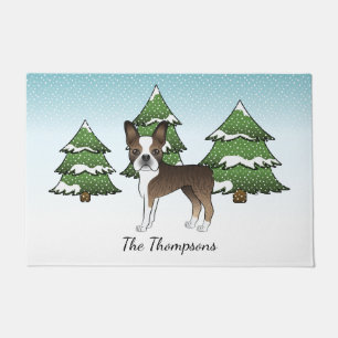 Brindle Boston Terrier In A Winter Forest & Name Doormat