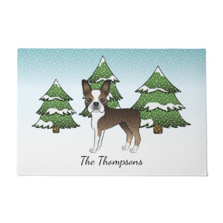 Brindle Boston Terrier In A Winter Forest &amp; Name Doormat