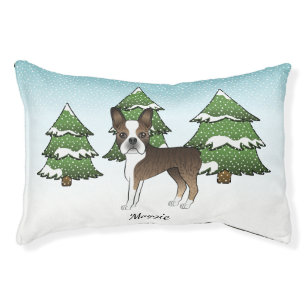 Brindle Boston Terrier In A Winter Forest & Name Pet Bed