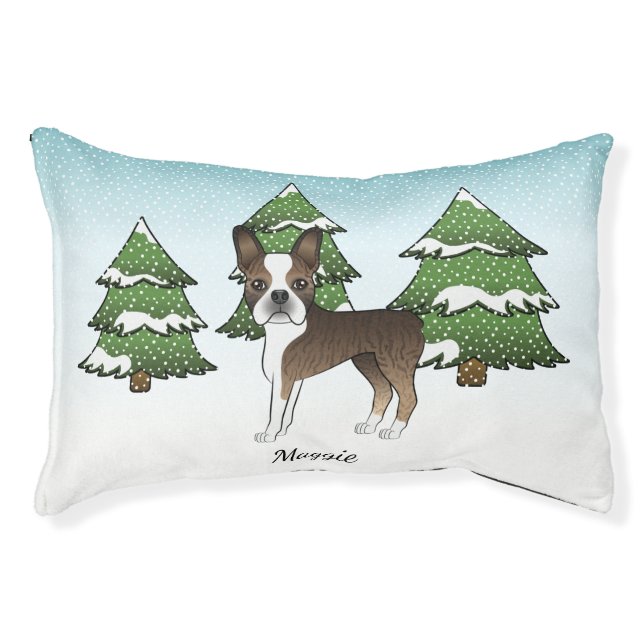 Brindle Boston Terrier In A Winter Forest & Name Pet Bed (Front)