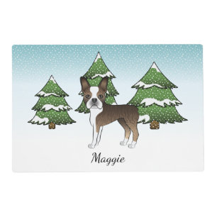 Brindle Boston Terrier In A Winter Forest & Name Placemat