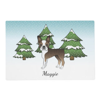Brindle Boston Terrier In A Winter Forest &amp; Name Placemat