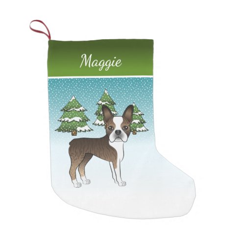 Brindle Boston Terrier In A Winter Forest  Name Small Christmas Stocking