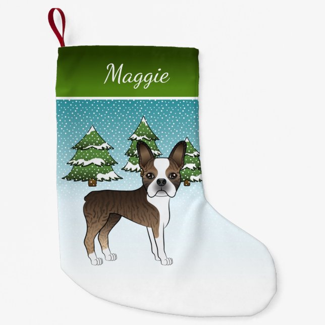 Brindle Boston Terrier In A Winter Forest & Name Small Christmas Stocking (Front)
