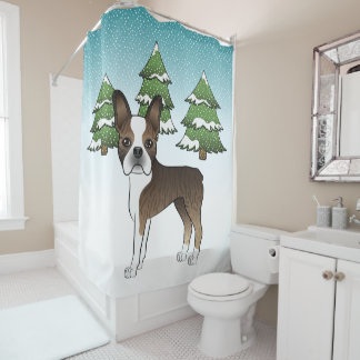 Brindle Boston Terrier In A Winter Forest Shower Curtain