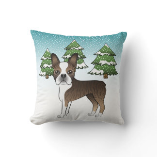 Brindle Boston Terrier In A Winter Forest Throw Pillow