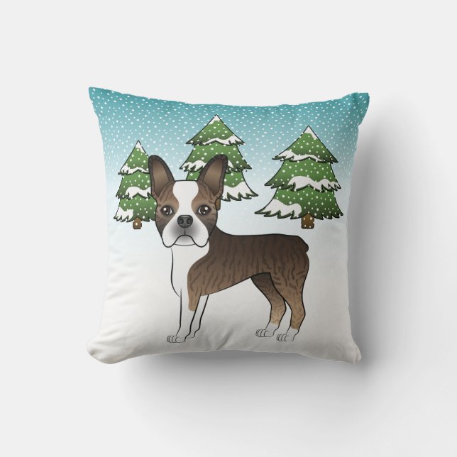 Brindle Boston Terrier In A Winter Forest Throw Pillow (Front)
