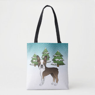 Brindle Boston Terrier In A Winter Forest Tote Bag