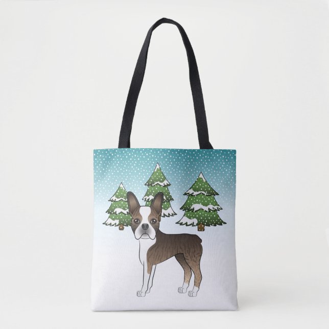 Brindle Boston Terrier In A Winter Forest Tote Bag (Front)