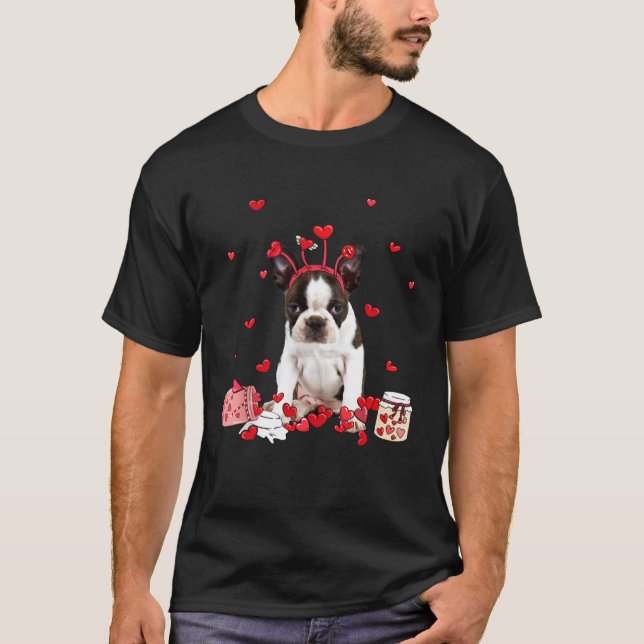 Brindle Boston Terrier With Heart Shape Valentine T-Shirt (Front)