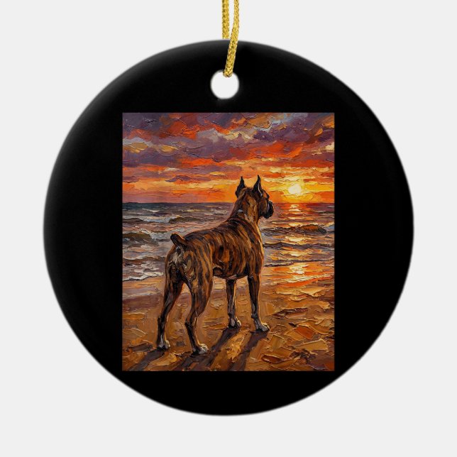 Brindle Boxer at Sunset Beach Boxer Dog Art Gift Ceramic Ornament (Front)
