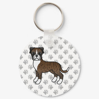Brindle Boxer Dog Cute Cartoon Illustration &amp; Paws Keychain