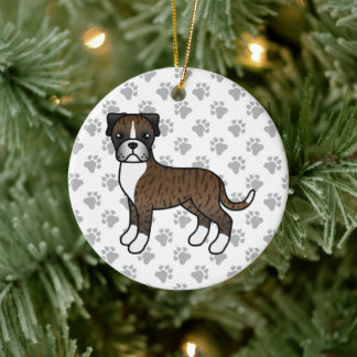 Brindle Boxer Dog Cute Illustration &amp; Paws Ceramic Ornament