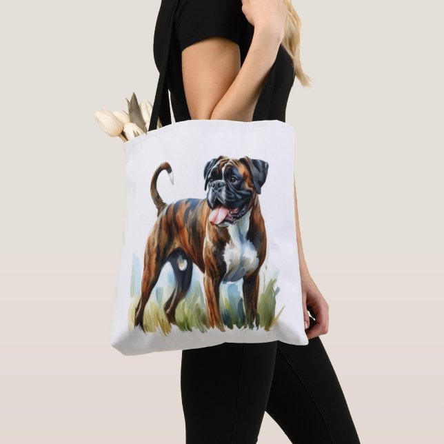 Brindle Boxer Dog featured in Watercolor Tote Bag (Close Up)