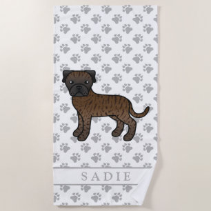 Brindle Bullmastiff Cute Cartoon Dog & Name Beach Towel