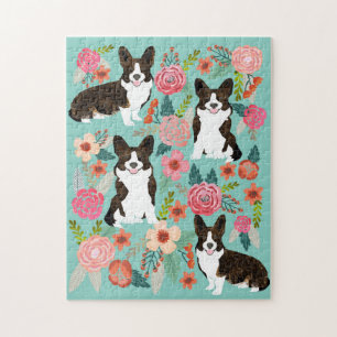 Brindle Corgi Dog Vintage Florals Jigsaw Puzzle