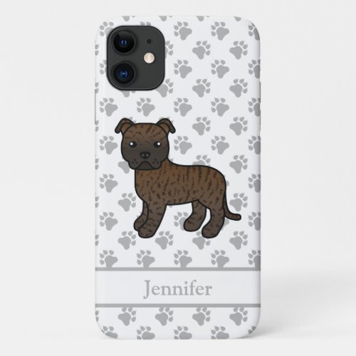 Brindle English Staffie Cute Cartoon Dog  Name iPhone 11 Case