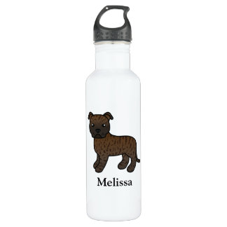 Brindle English Staffie Cute Cartoon Dog &amp; Name Stainless Steel Water Bottle