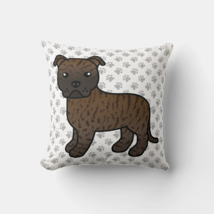 Brindle English Staffie Cute Cartoon Dog & Paws Throw Pillow