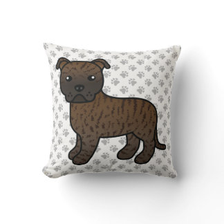 Brindle English Staffie Cute Cartoon Dog &amp; Paws Throw Pillow