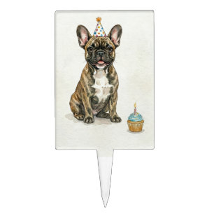 Brindle French Bulldog Birthday Party Hat Cupcake Cake Topper