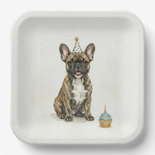Brindle French Bulldog Birthday Party Hat Cupcake Paper Plates