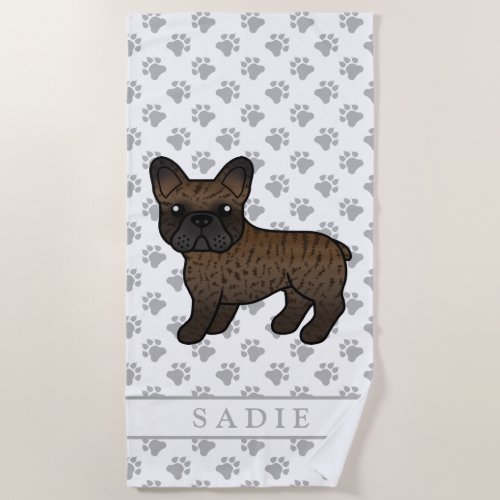 Brindle French Bulldog Cute Cartoon Dog  Name Beach Towel