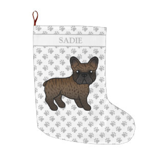 Brindle French Bulldog Cute Cartoon Dog &amp; Name Large Christmas Stocking