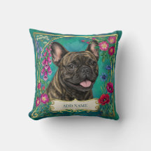 Brindle French Bulldog Floral Botanical Cushion