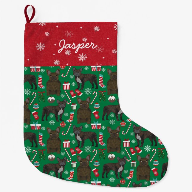 Brindle Frenchie Custom name dog christmas Large Christmas Stocking (Front)