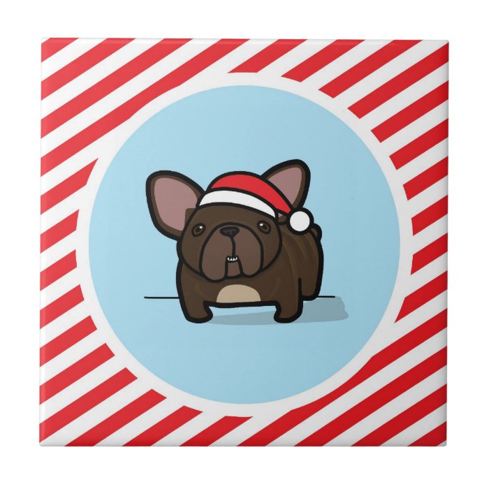 Brindle Frenchie on Candy Cane Stripes Ceramic Tiles