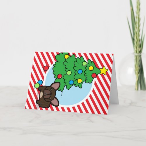 Brindle Frenchie with Christmas Tree on Stripes Holiday Card