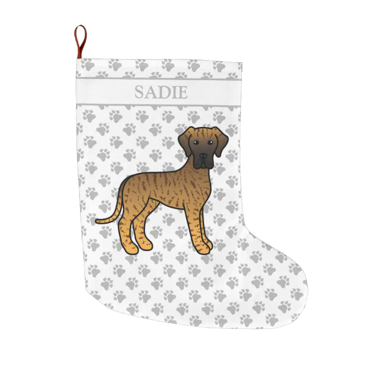 Brindle Great Dane Cute Cartoon Dog & Name Large Christmas Stocking | Zazzle