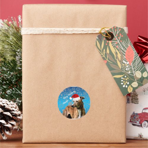 Brindle Grethound in Santa Hat Christmas  Classic Round Sticker