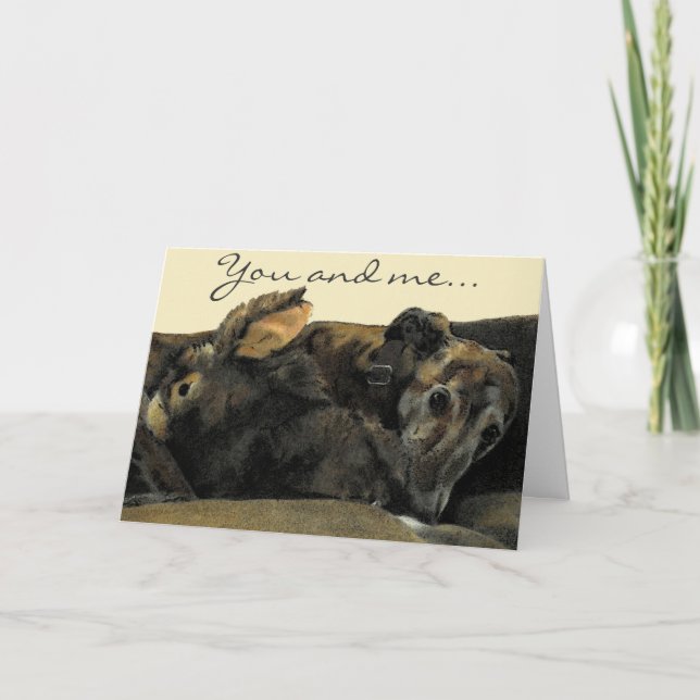 Brindle Greyhound & Bunny Valentine's Day card (Front)