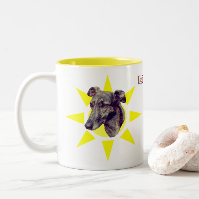 Brindle Greyhound Dog Face Personalized Two-Tone Coffee Mug (With Donut)