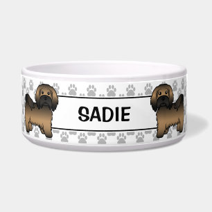 Brindle Havanese Cute Cartoon Dog & Paws & Name Bowl