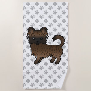 Brindle Long Coat Chihuahua Cartoon Dog & Paws Beach Towel