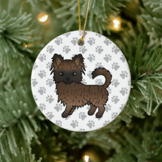 Brindle Long Coat Chihuahua Cartoon Dog &amp; Paws Ceramic Ornament