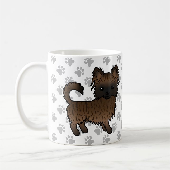 Brindle Long Coat Chihuahua Cartoon Dog & Paws Coffee Mug (Left)