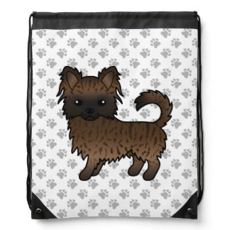 Brindle Long Coat Chihuahua Cartoon Dog &amp; Paws Drawstring Bag