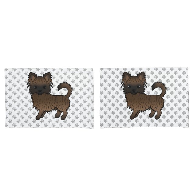Brindle Long Coat Chihuahua Cartoon Dog & Paws Pillow Case (Front-Set)
