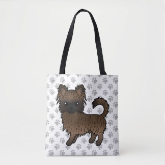 Brindle Long Coat Chihuahua Cartoon Dog &amp; Paws Tote Bag