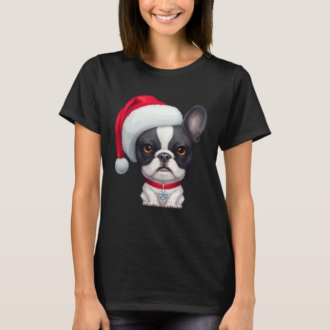 Brindle Pied French Bulldog in Santa Hat Christmas T-Shirt (Front)