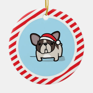 Brindle Pied Frenchie on Candy Cane Stripes Ceramic Ornament