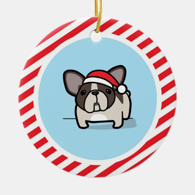 Brindle Pied Frenchie on Candy Cane Stripes Ceramic Ornament (Front)