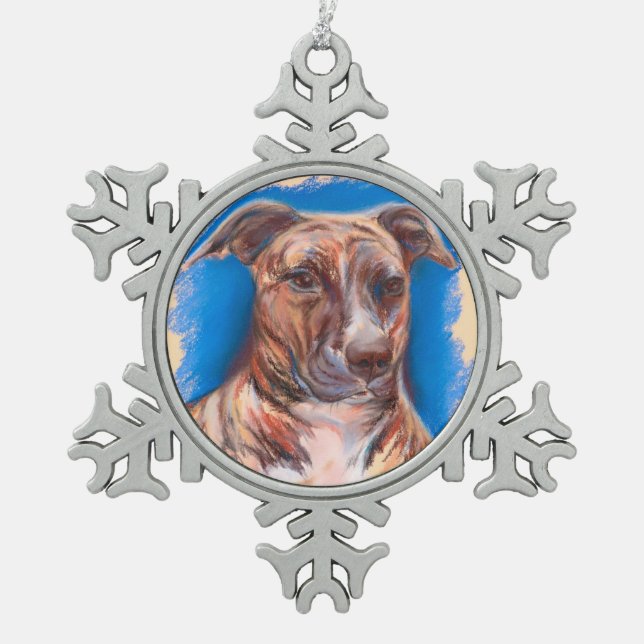 Brindle Pit Bull Dog Snowflake Pewter Christmas Ornament (Front)