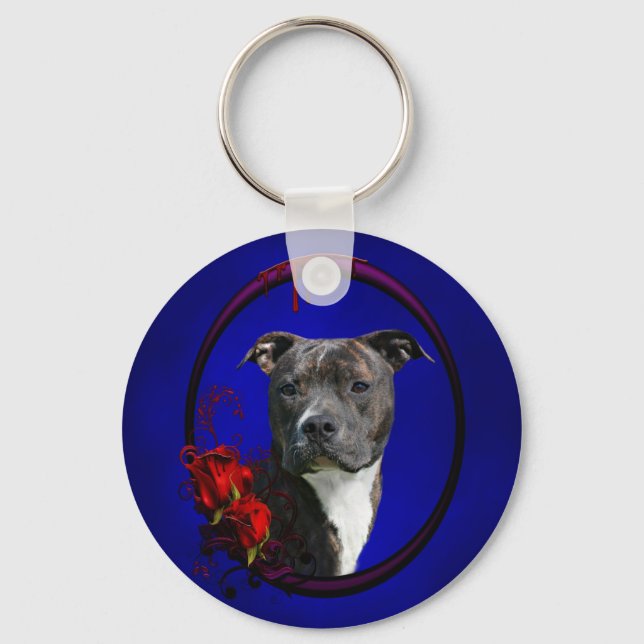 Brindle pitbull with roses keychain (Front)