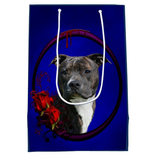 Brindle pitbull with roses medium gift bag (Back)